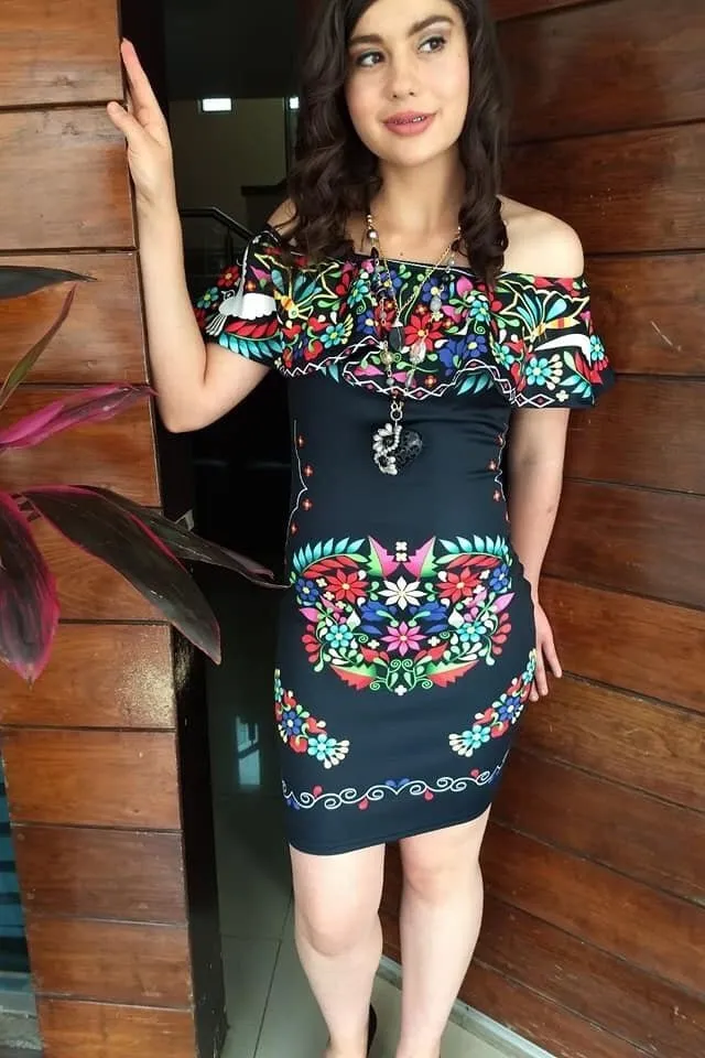 Mexican Floral Printed Bodycon Dress Chula