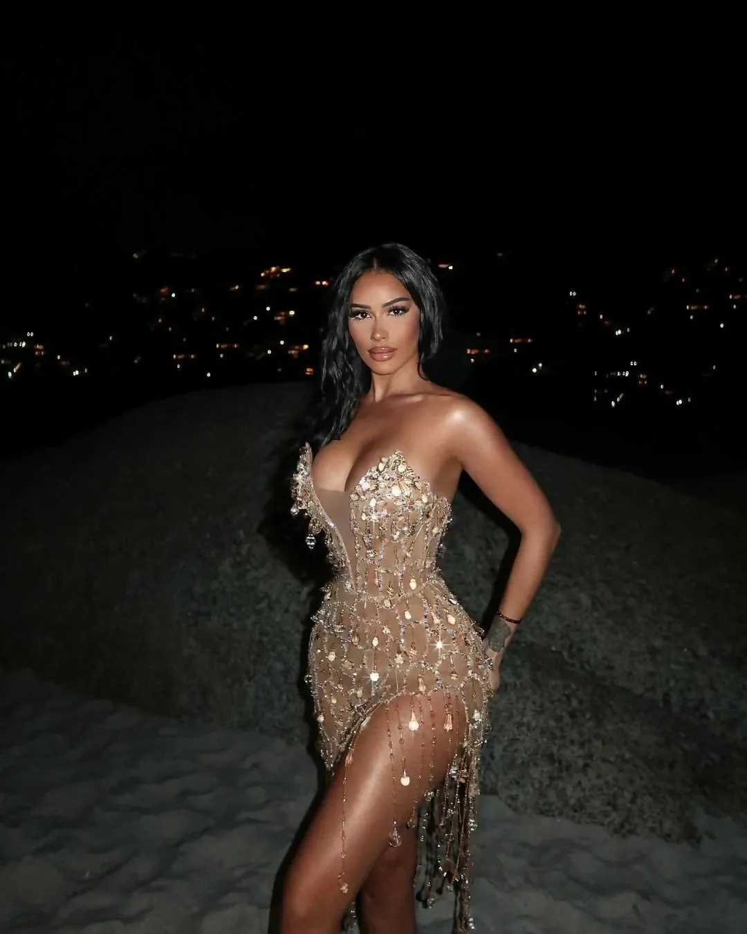 MINNA Luz Nude Sequin and Crystal Fringe Mini