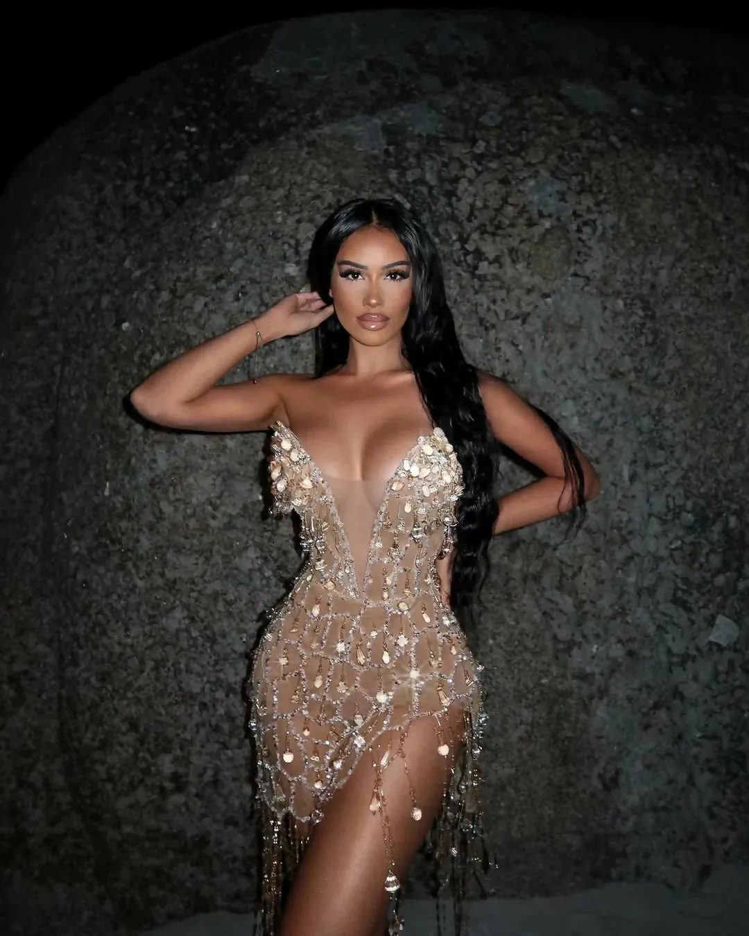 MINNA Luz Nude Sequin and Crystal Fringe Mini