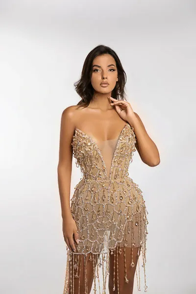 MINNA Luz Nude Sequin and Crystal Fringe Mini