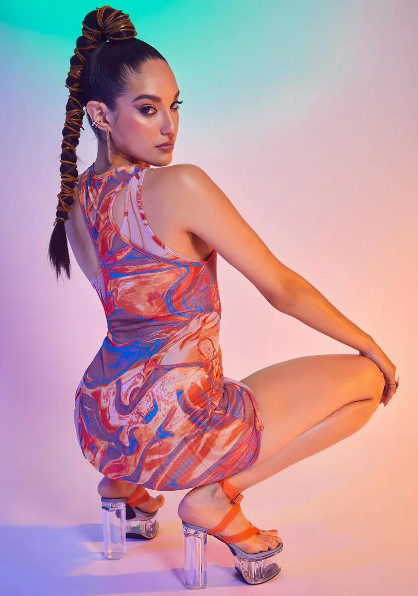 Mixed Marble Print Double Layer Mesh Dress
