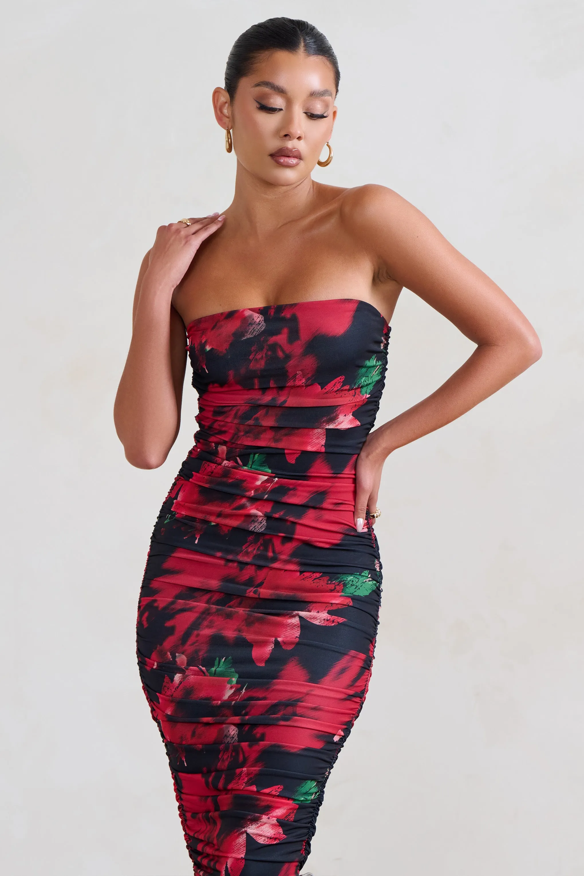 My Girl | Black & Red Floral Print Bandeau Bodycon Ruched Mesh Midi Dress
