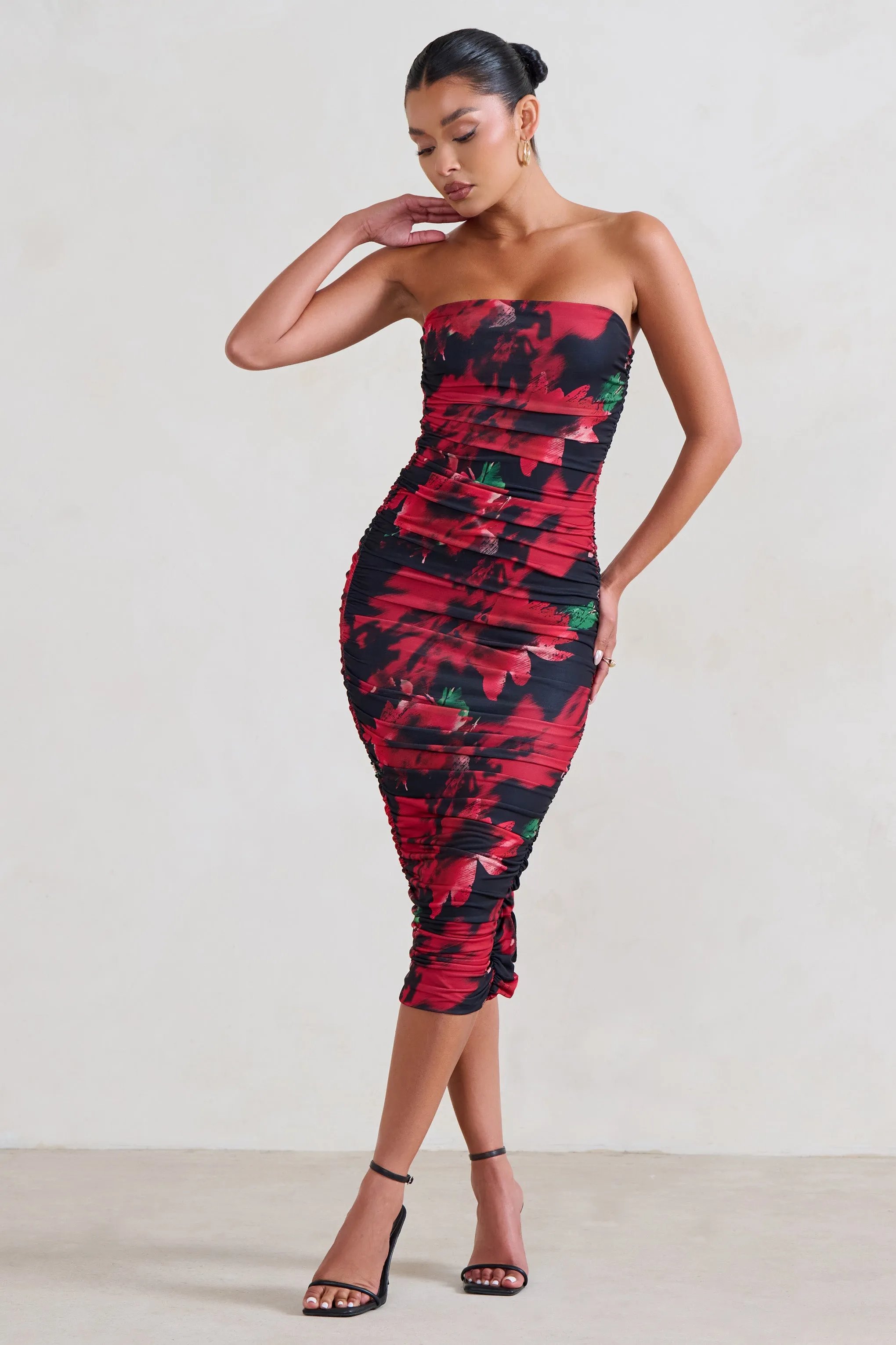 My Girl | Black & Red Floral Print Bandeau Bodycon Ruched Mesh Midi Dress