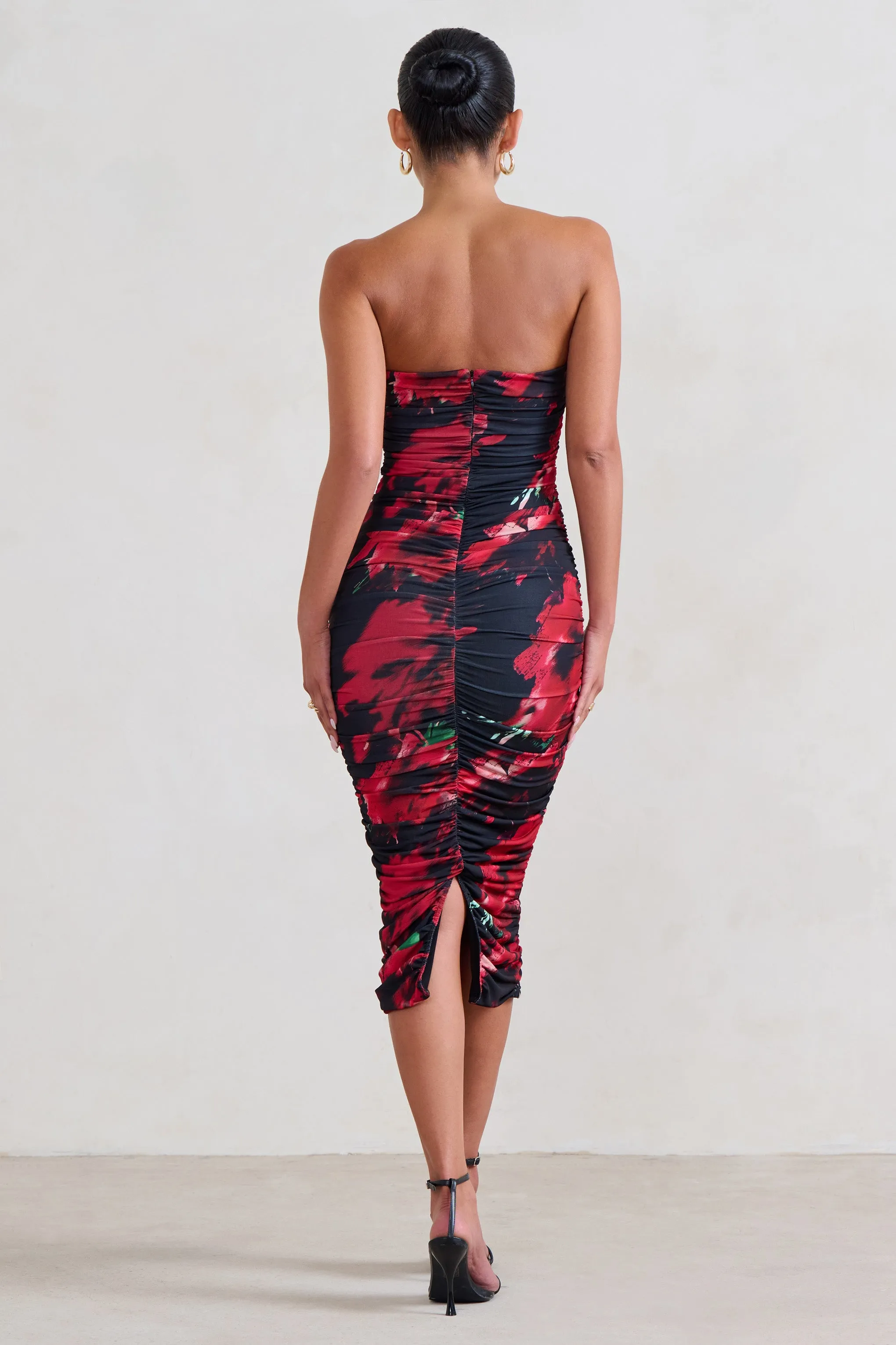 My Girl | Black & Red Floral Print Bandeau Bodycon Ruched Mesh Midi Dress