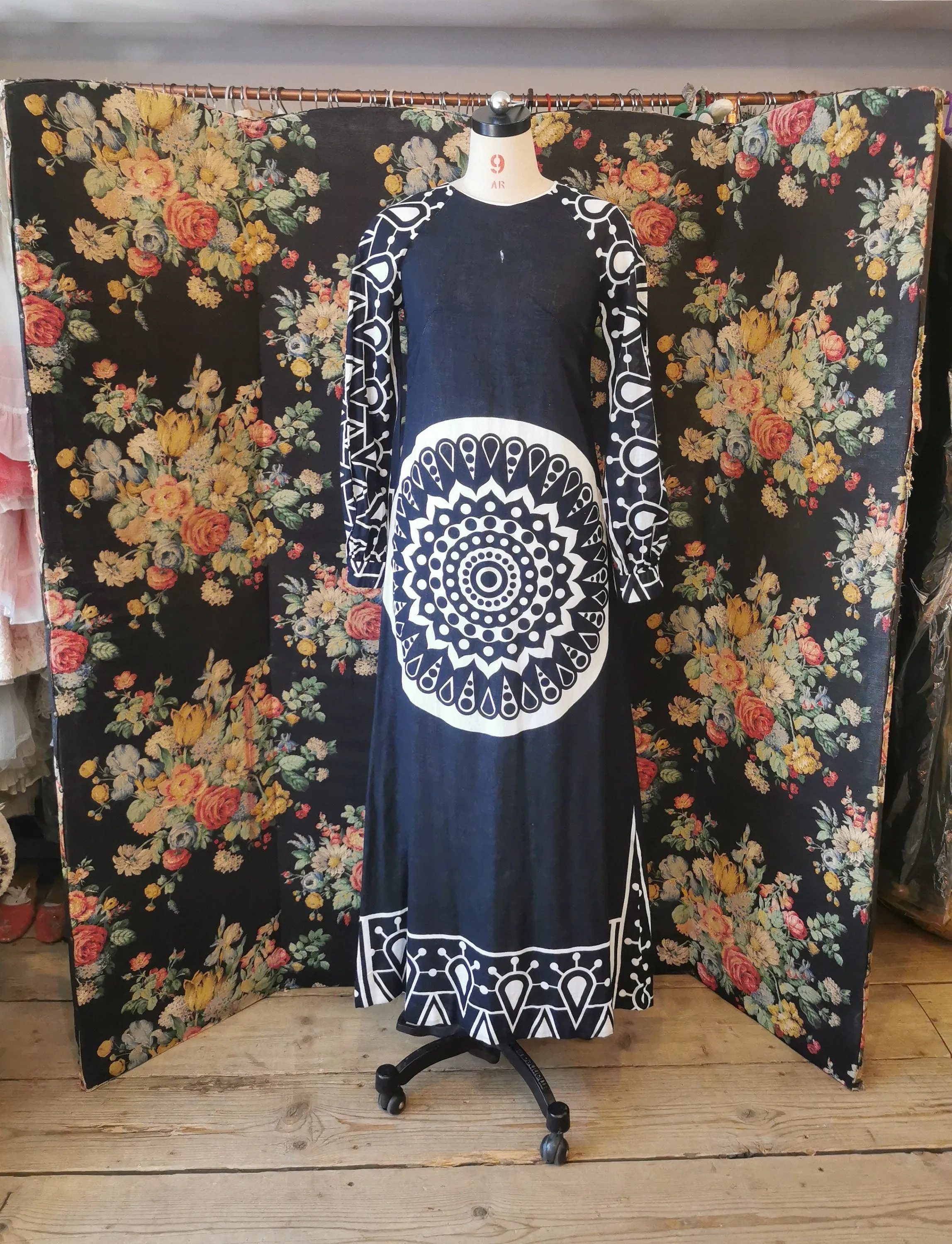 Natex Black and white mandala cotton maxi, Finland 1960s vintage