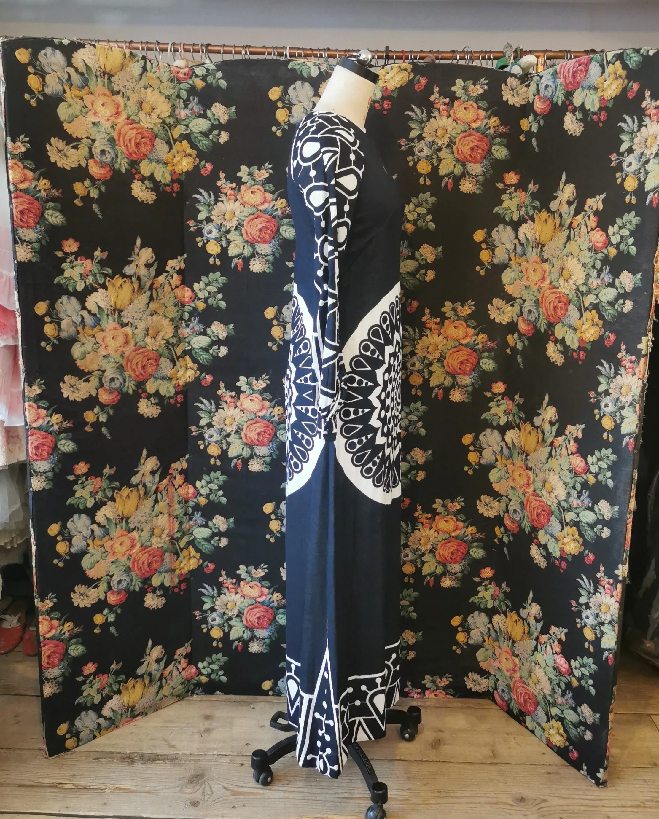 Natex Black and white mandala cotton maxi, Finland 1960s vintage
