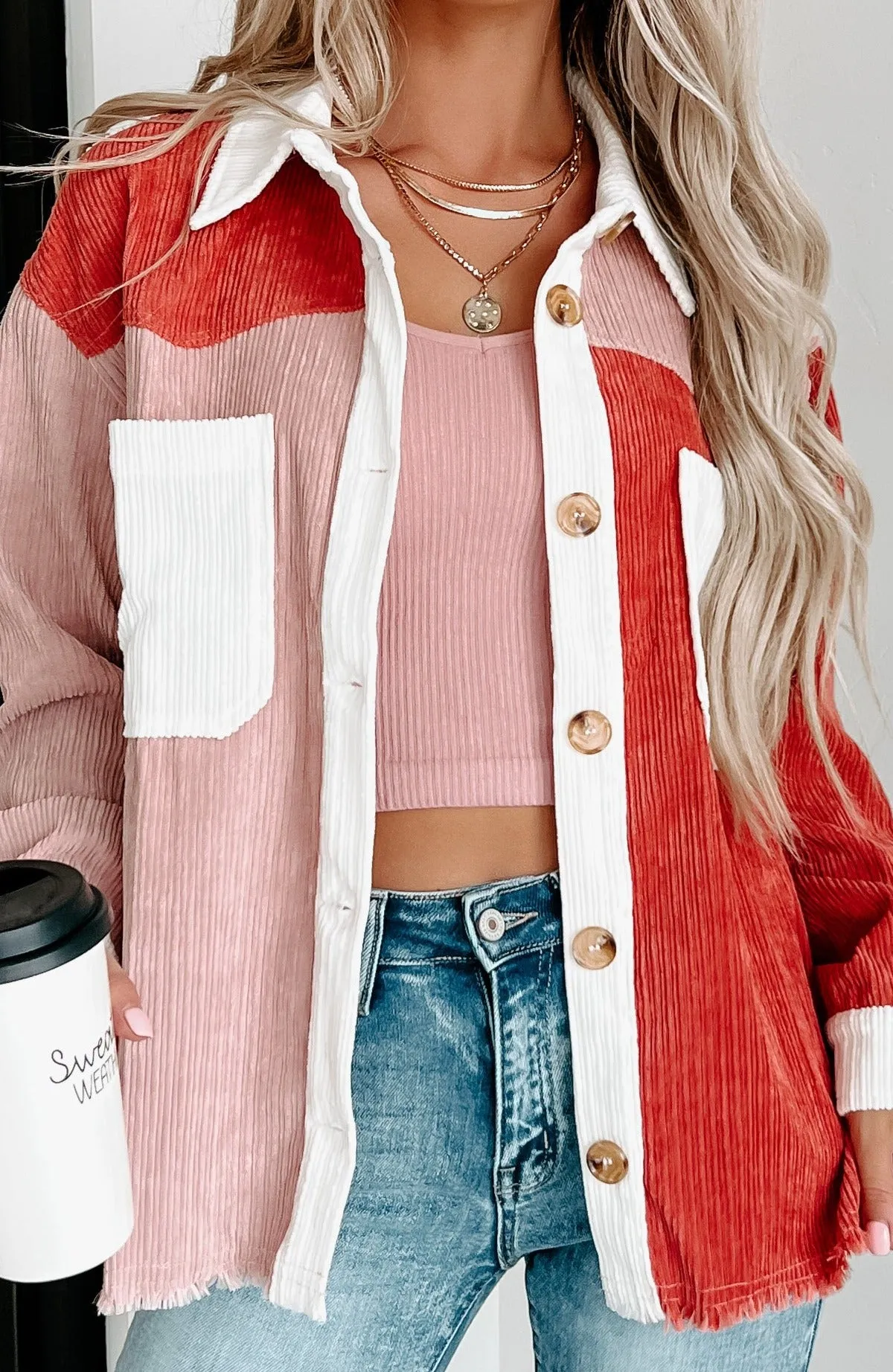 No Bad Vibes Colorblock Corduroy Shacket (Mauve)