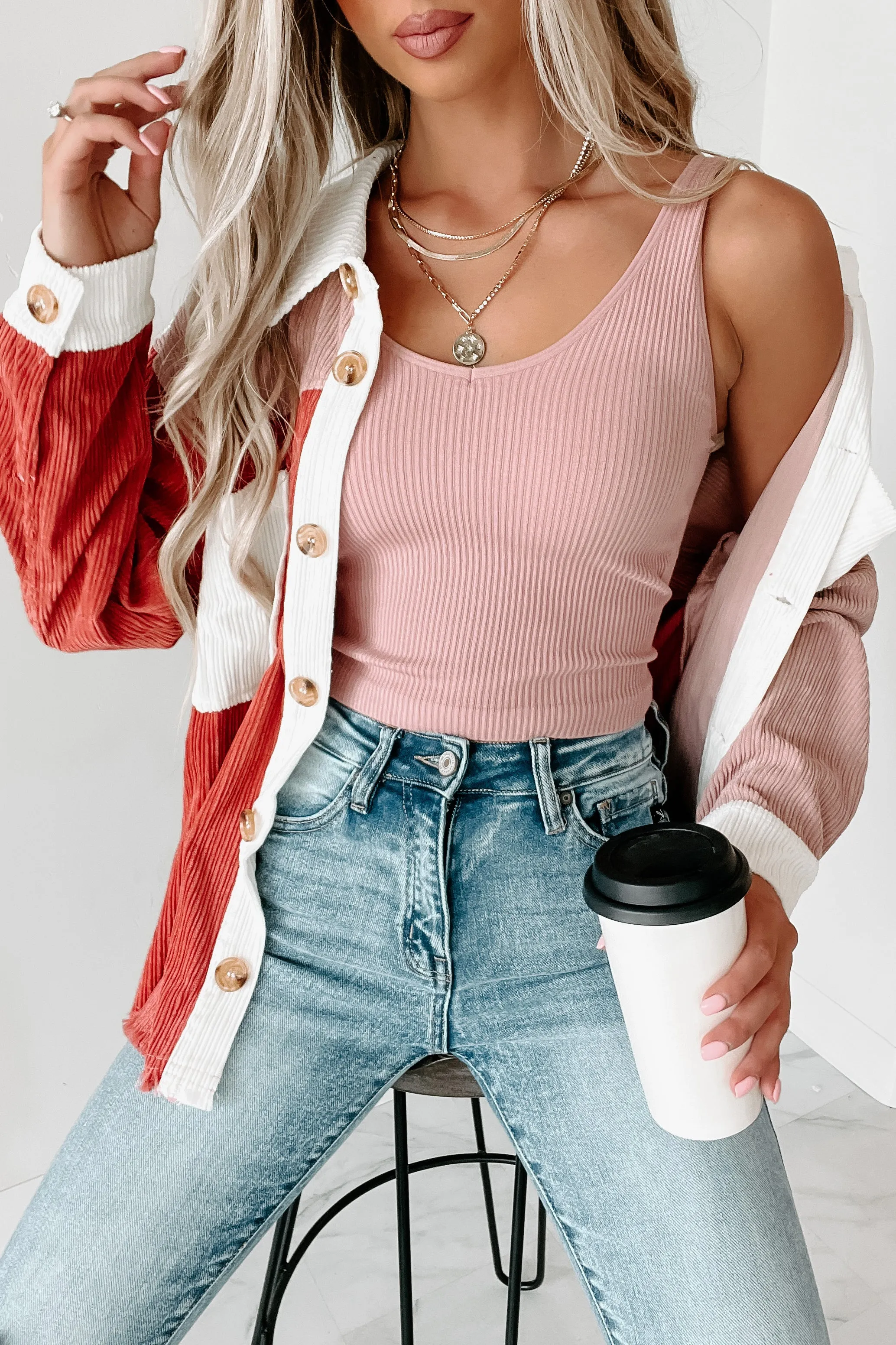 No Bad Vibes Colorblock Corduroy Shacket (Mauve)