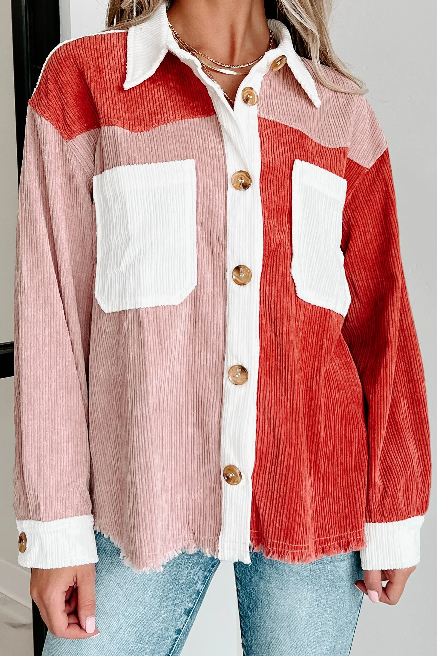 No Bad Vibes Colorblock Corduroy Shacket (Mauve)