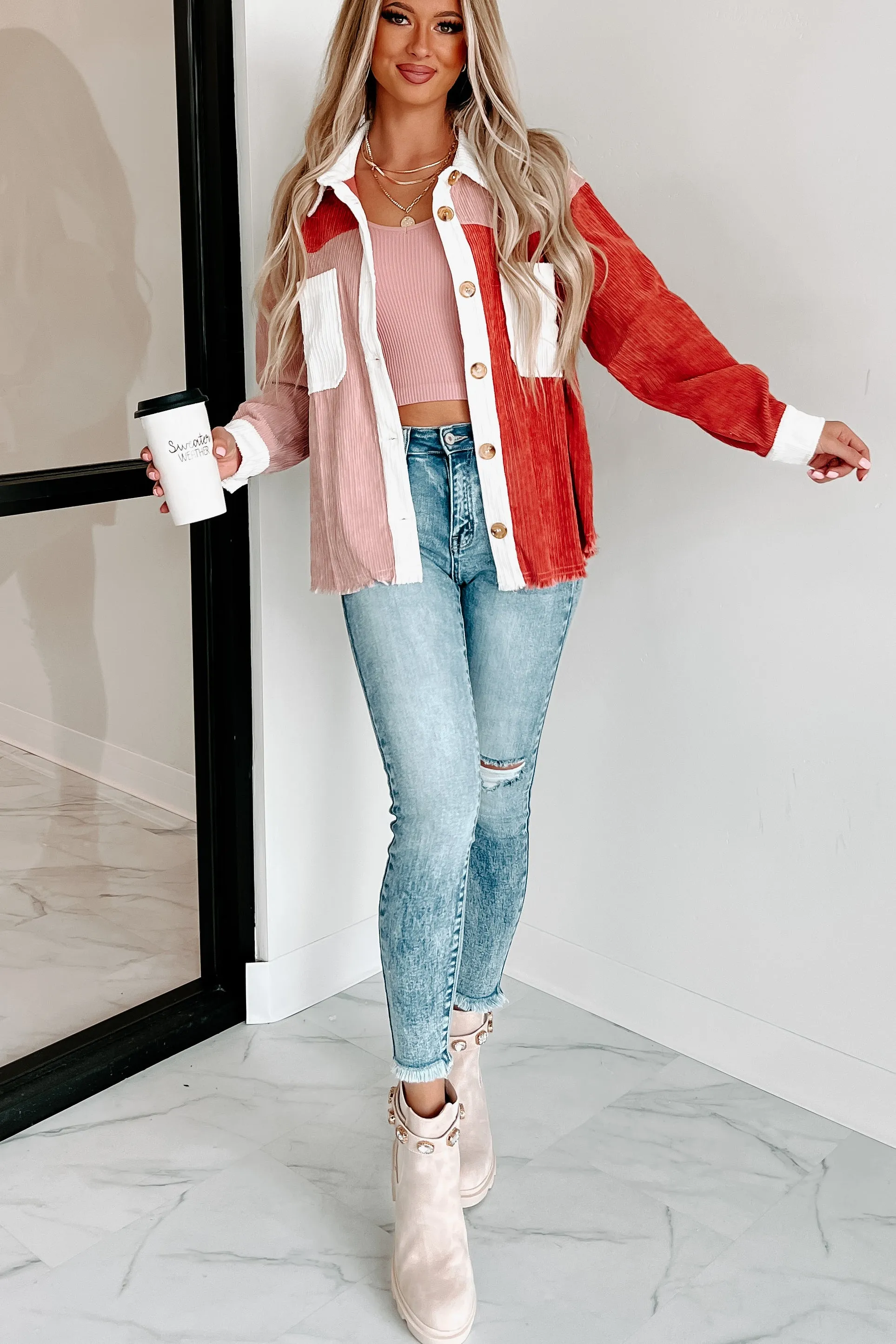No Bad Vibes Colorblock Corduroy Shacket (Mauve)