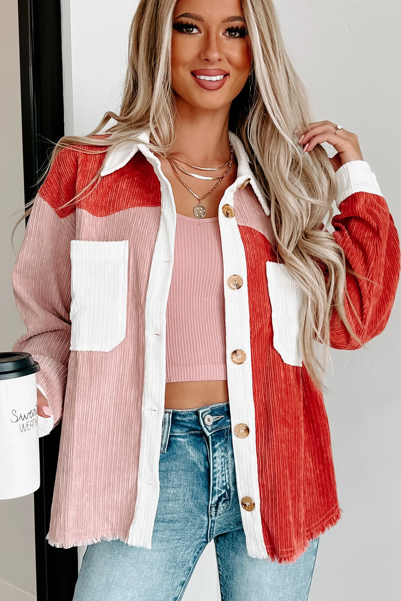 No Bad Vibes Colorblock Corduroy Shacket (Mauve)