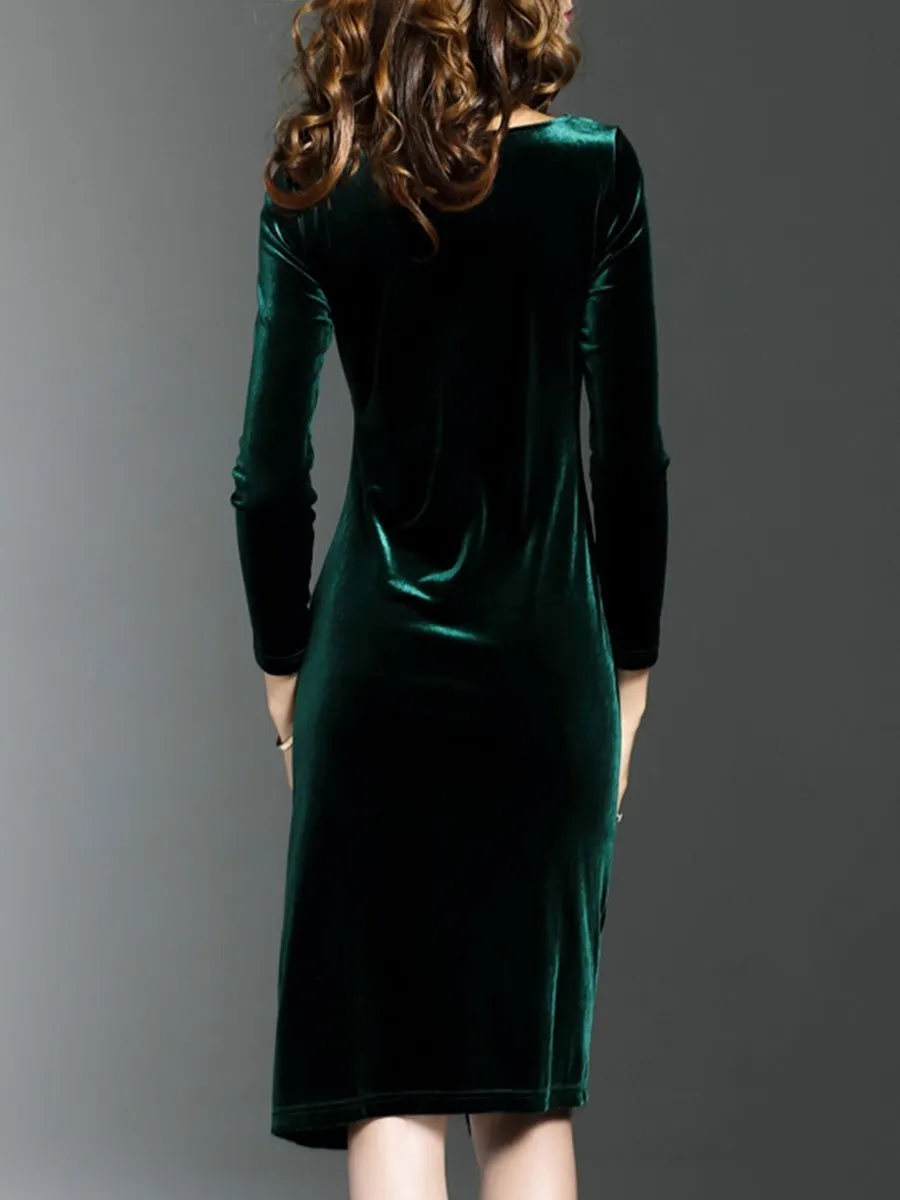 O-Neck Slit Plain Velvet Bodycon Dress