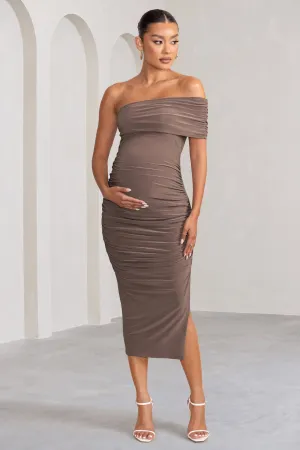 Odelia | Mocha Maternity Midi Dress with Asymmetric Sleeve and Side Split