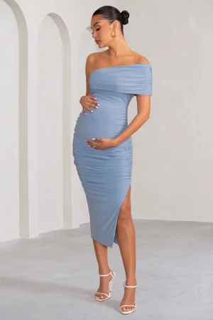 Odelia | Powder Blue Maternity Midi Dress with Asymmetric Sleeve and Side Split