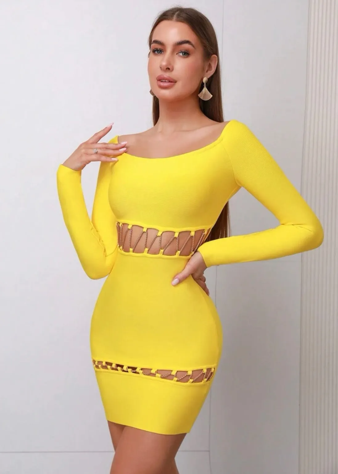 Off Shoulder Cut Out Chain Detail Bandage Bodycon Dress