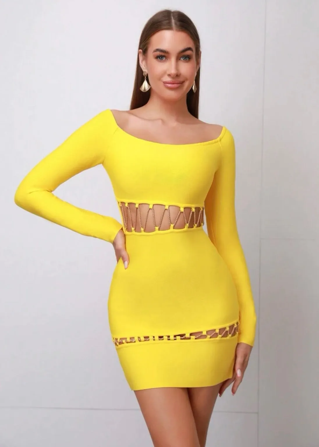 Off Shoulder Cut Out Chain Detail Bandage Bodycon Dress
