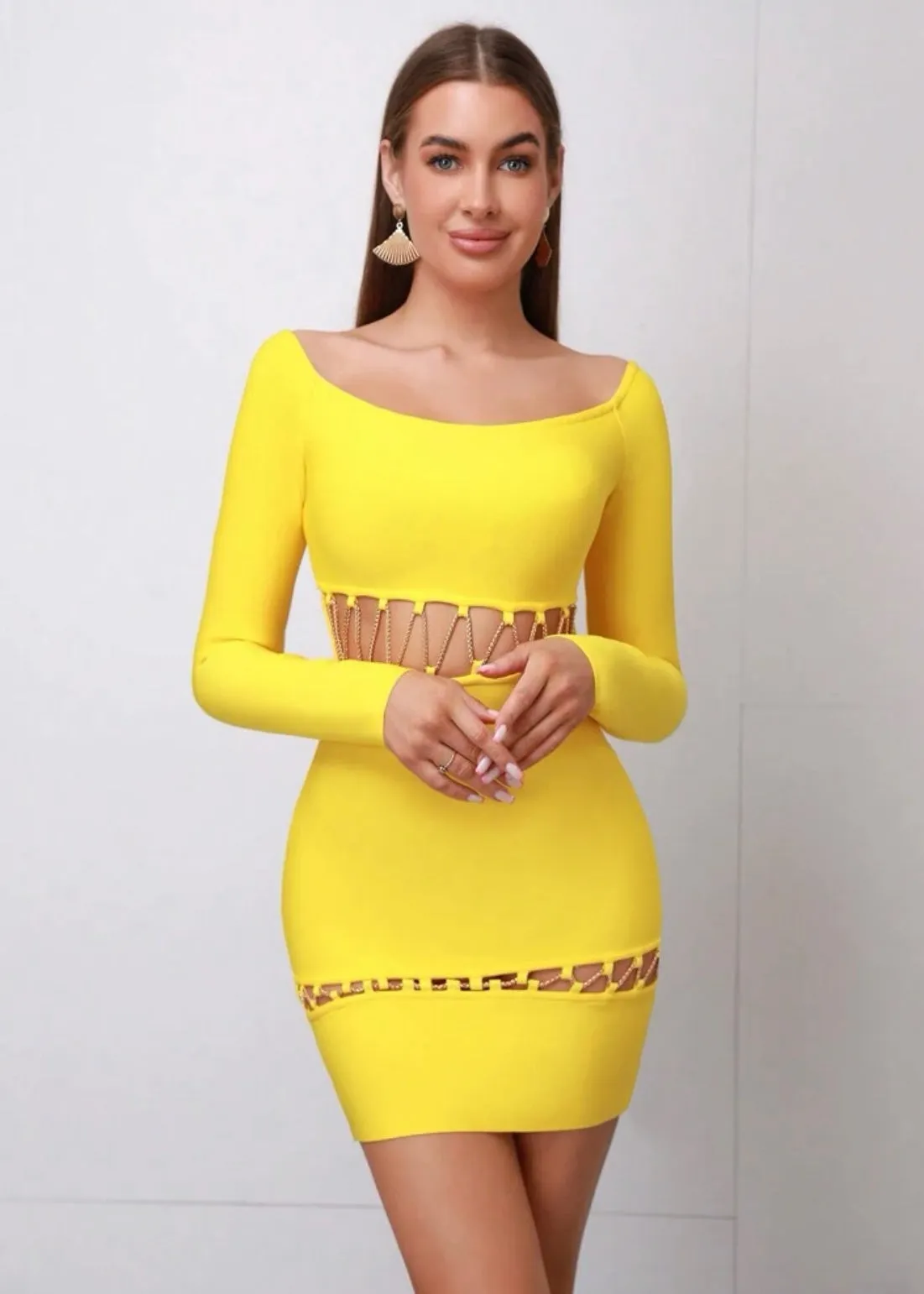 Off Shoulder Cut Out Chain Detail Bandage Bodycon Dress