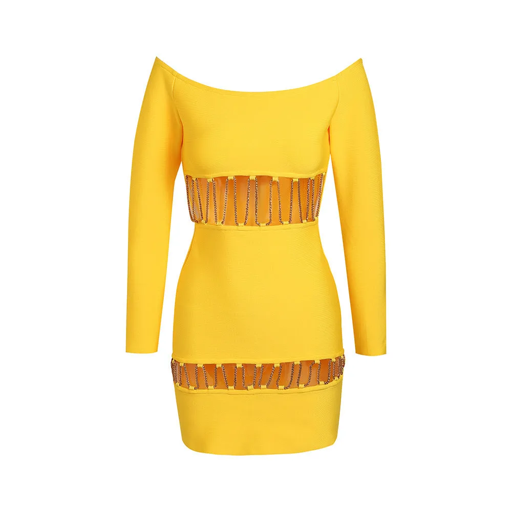 Off Shoulder Cut Out Chain Detail Bandage Bodycon Dress