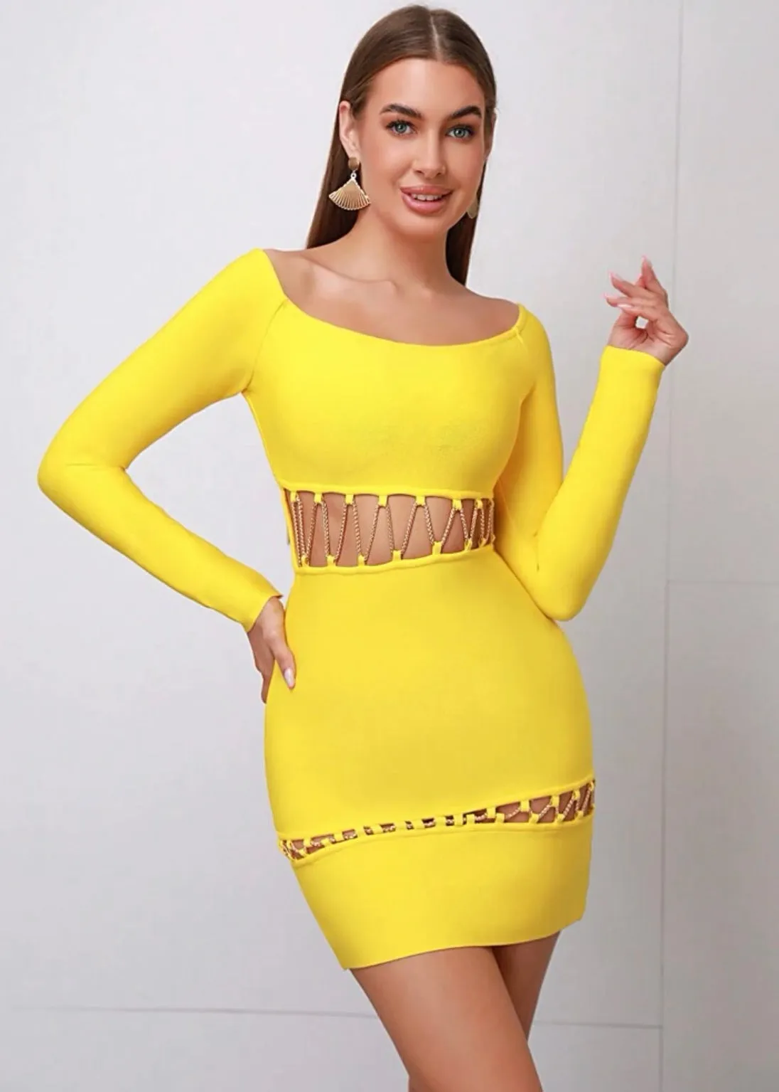 Off Shoulder Cut Out Chain Detail Bandage Bodycon Dress
