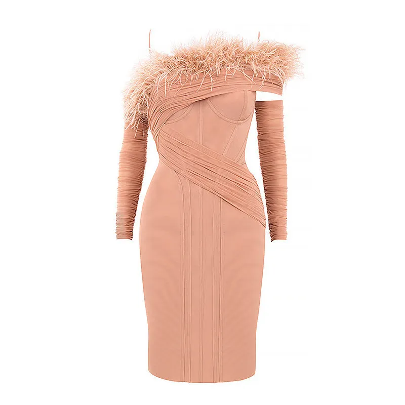 Off Shoulder Long Sleeve  Feather Bodycon Dress