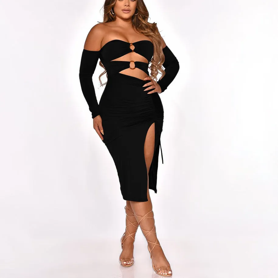 Off Shoulder Solid Color Sexy Bodycon Tight Pleated Fork Dress Women'S Clothing Vendors Wholesale