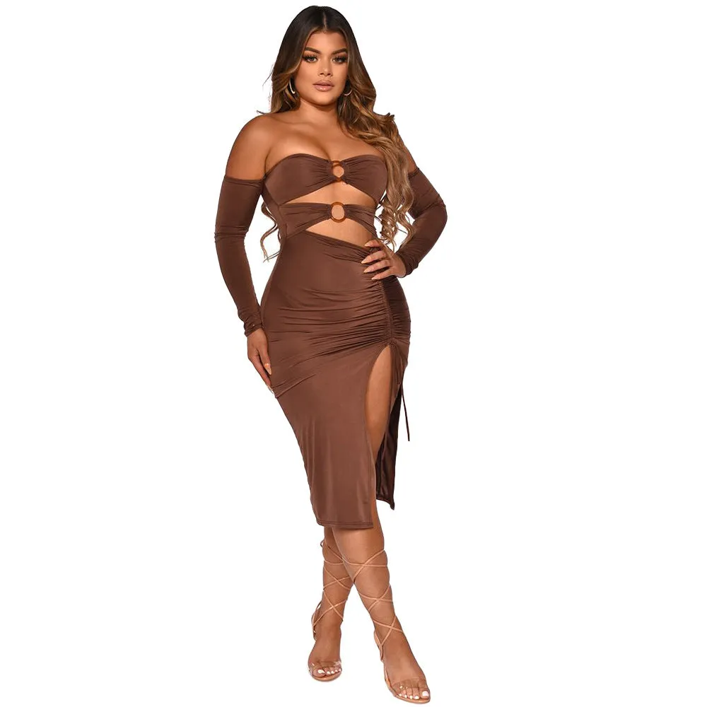 Off Shoulder Solid Color Sexy Bodycon Tight Pleated Fork Dress Women'S Clothing Vendors Wholesale