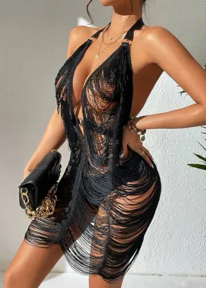 Open Stitch Ring Linked Halter-Neck Backless Bodycon Dress
