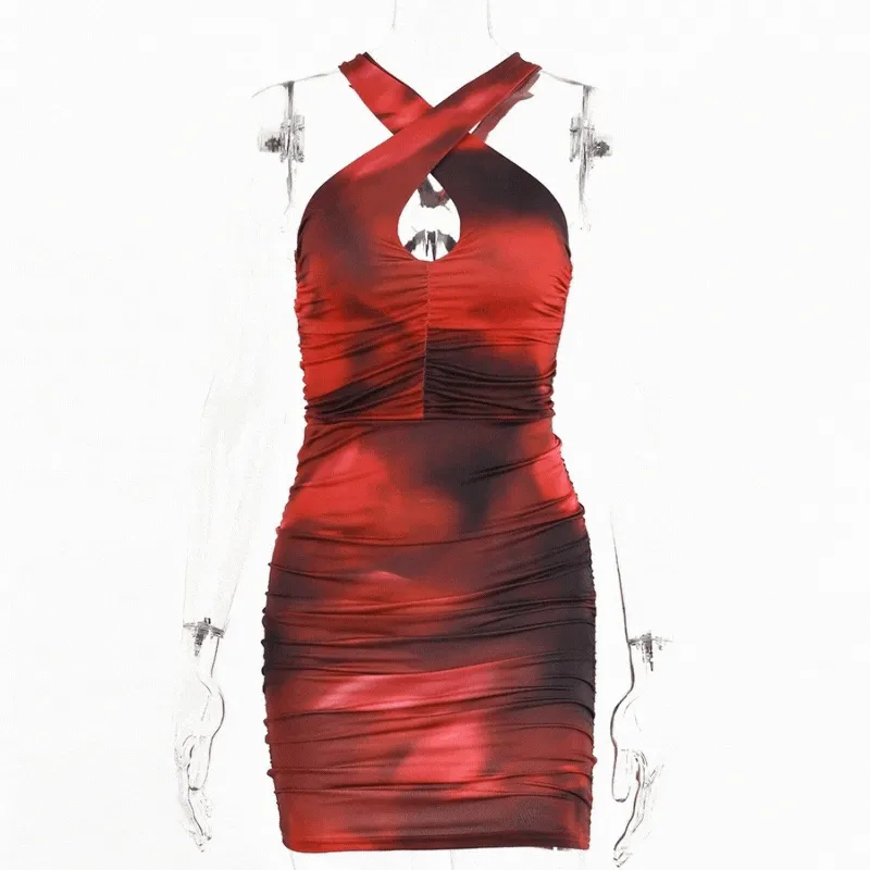 Orange Bodycon Ruched Halterneck Mesh Keyhole Mini Dress