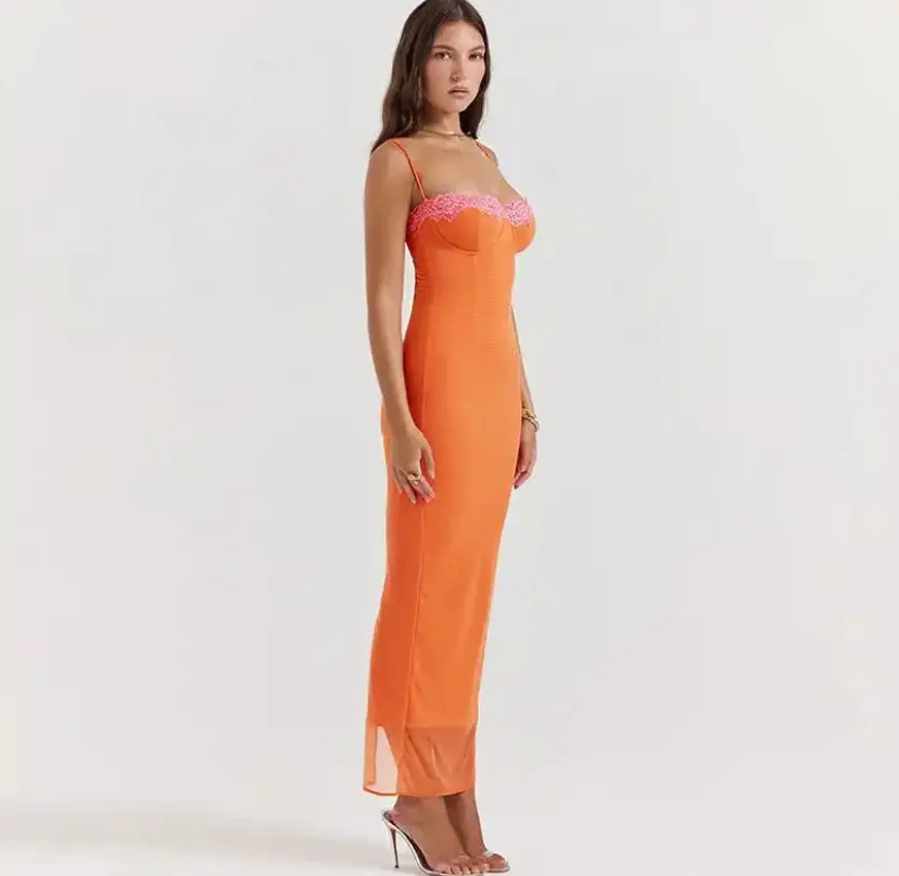 Orange Cup Detail Pink Lace Hem Maxi Dress