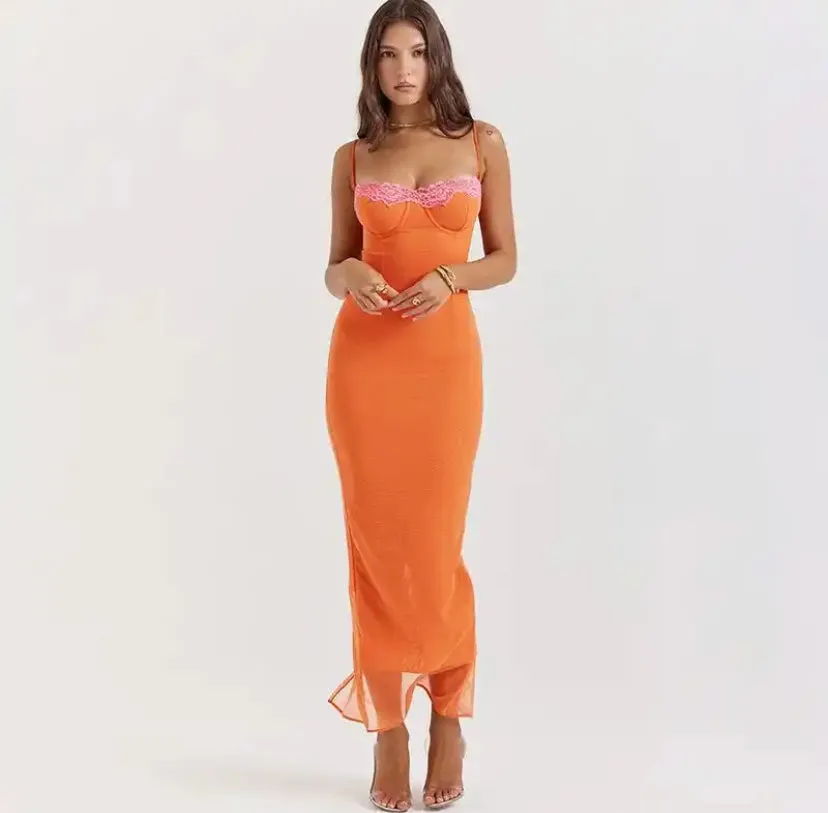 Orange Cup Detail Pink Lace Hem Maxi Dress