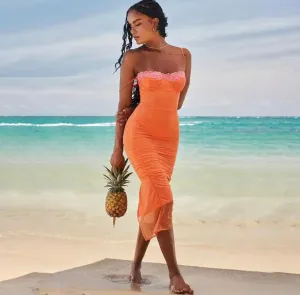 Orange Cup Detail Pink Lace Hem Maxi Dress
