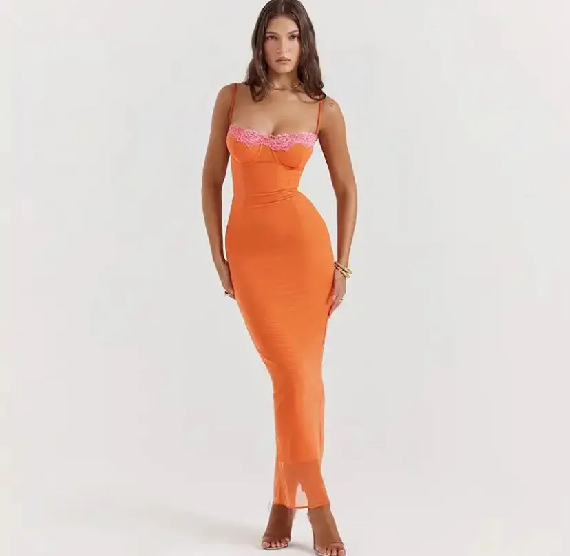 Orange Cup Detail Pink Lace Hem Maxi Dress