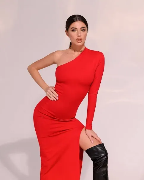 Orange One Shoulder Slit Bodycon Dress