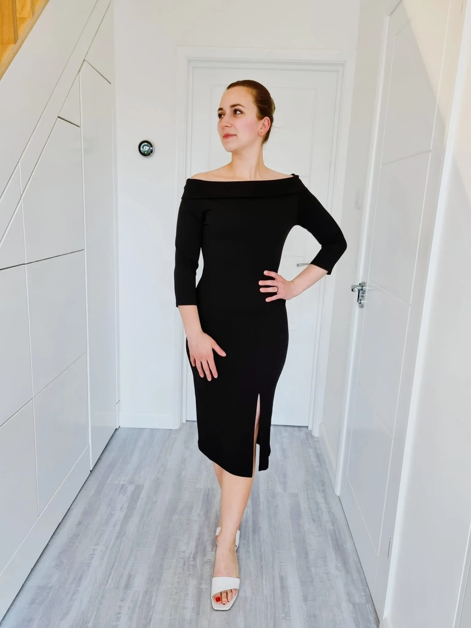 Orlando Bardot Long Sleeve Bodycon Midi Dress With Front Split In Black