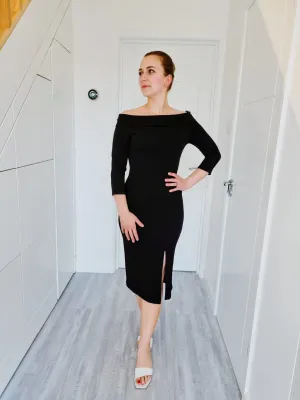 Orlando Bardot Long Sleeve Bodycon Midi Dress With Front Split In Black