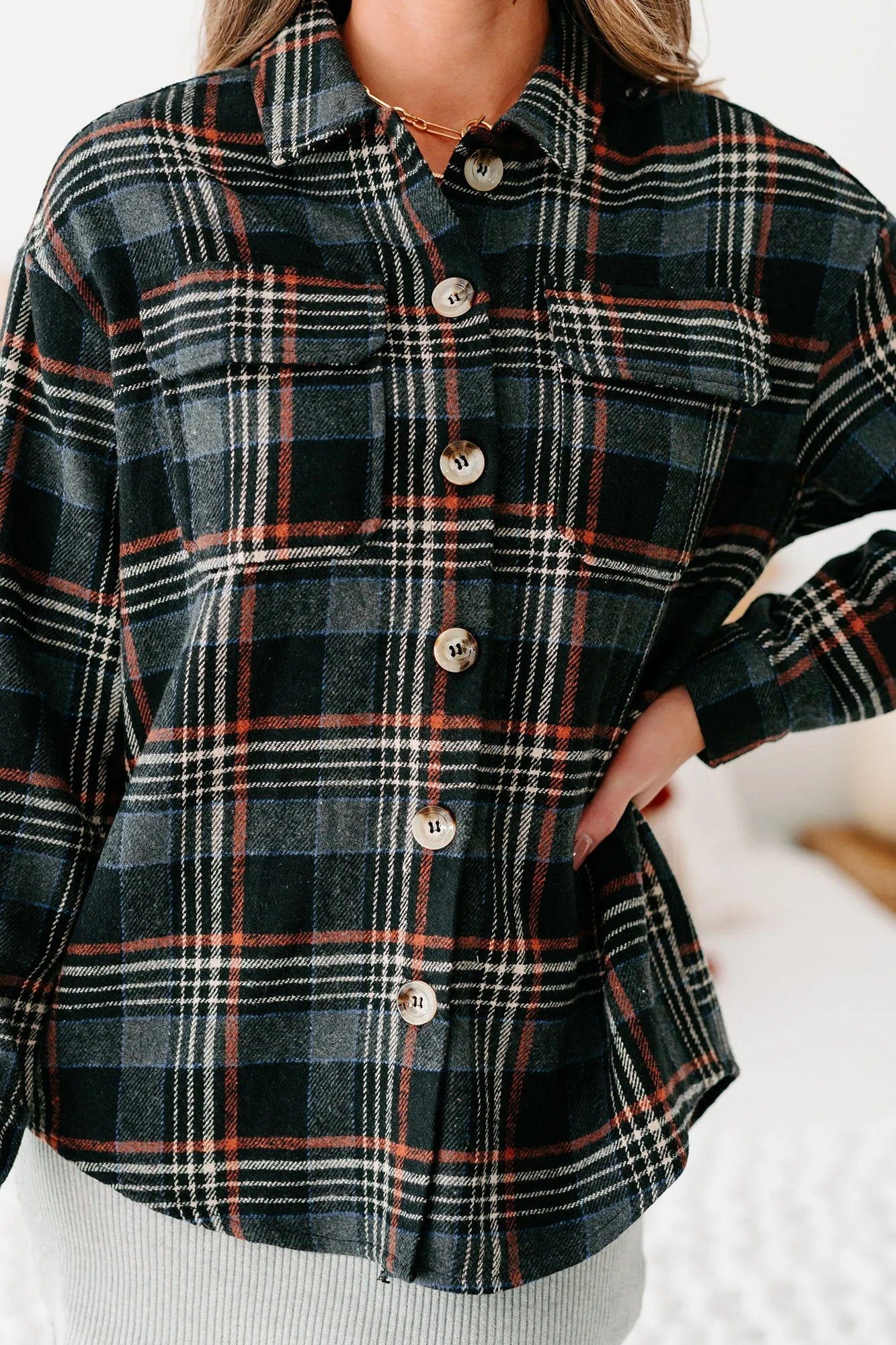Passing Cities Plaid Shacket (Black)
