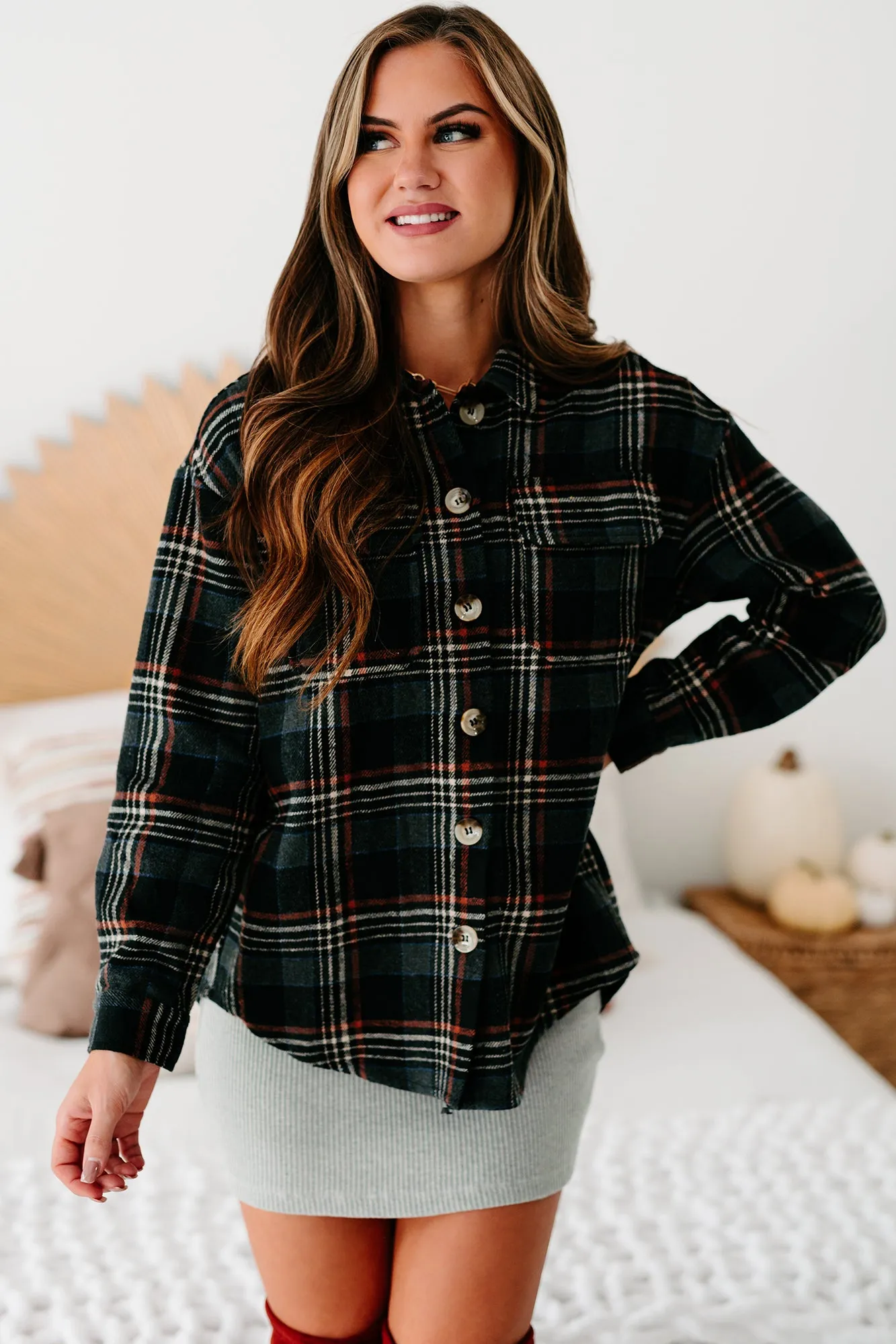 Passing Cities Plaid Shacket (Black)