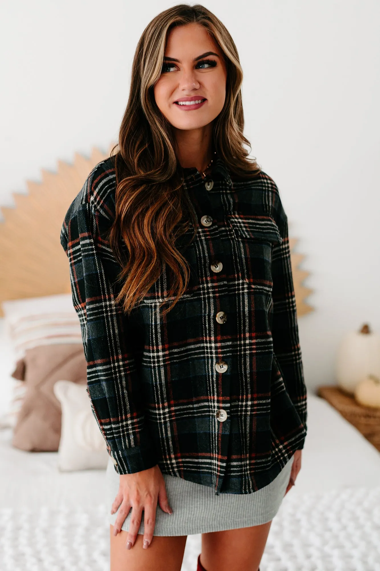 Passing Cities Plaid Shacket (Black)