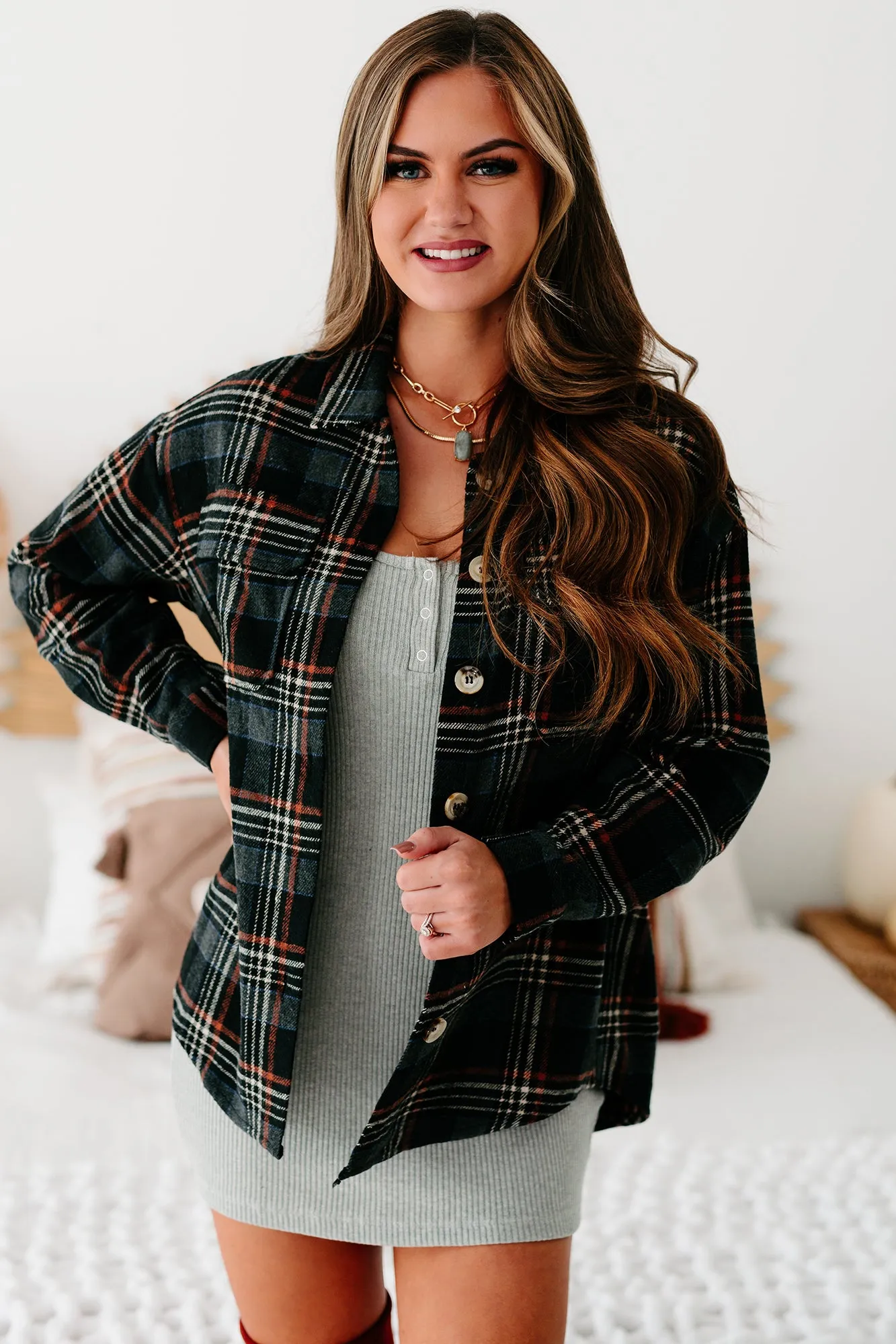 Passing Cities Plaid Shacket (Black)