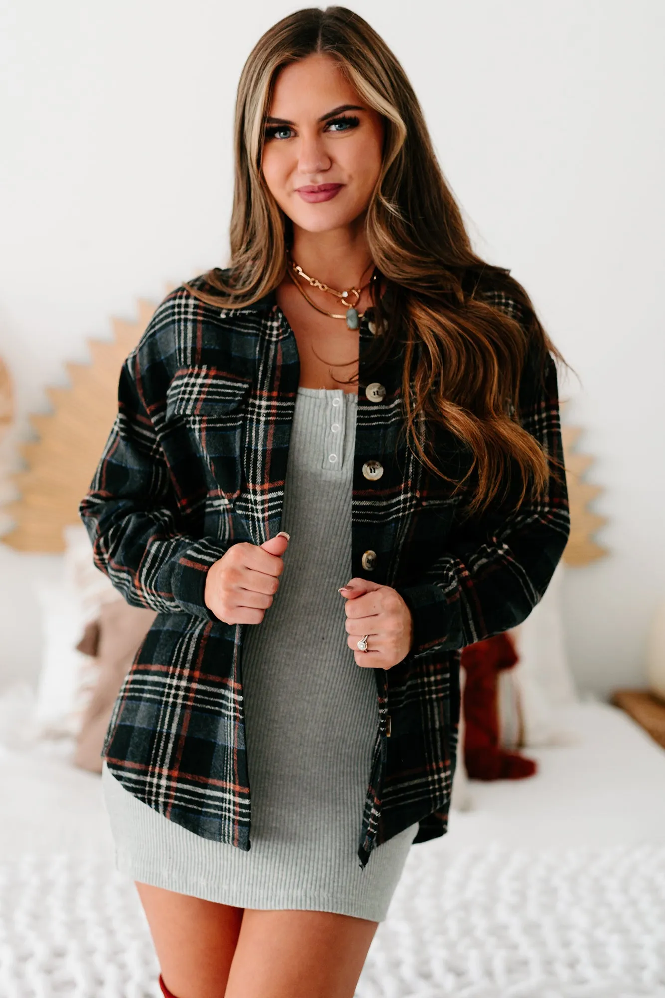 Passing Cities Plaid Shacket (Black)