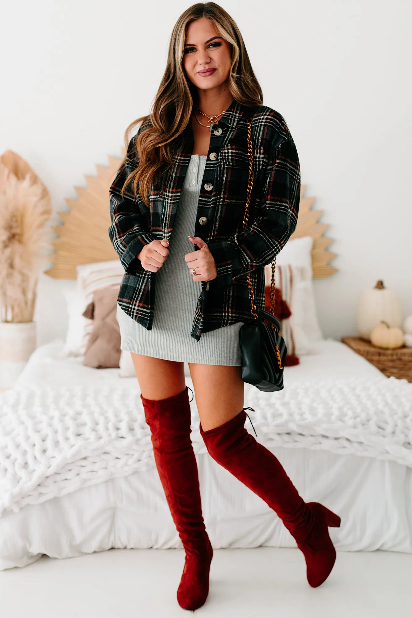 Passing Cities Plaid Shacket (Black)