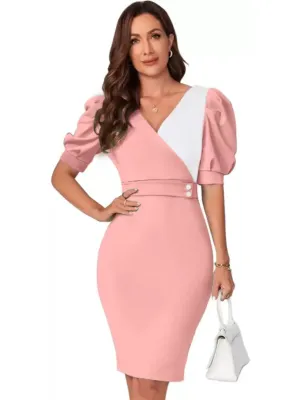 Peach Solid V-Neck Bodycon Mini Dress
