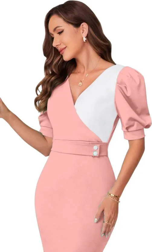 Peach Solid V-Neck Bodycon Mini Dress
