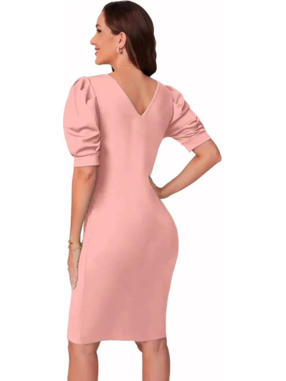 Peach Solid V-Neck Bodycon Mini Dress