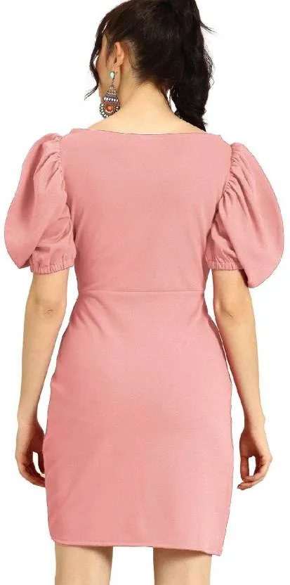 Peach V-Neck Half Sleeve Bodycon Dress
