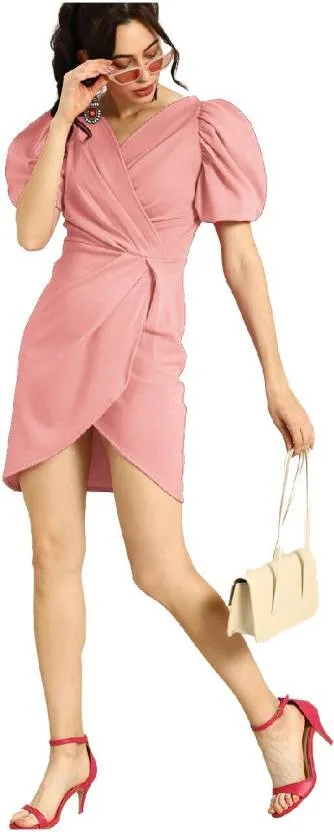 Peach V-Neck Half Sleeve Bodycon Dress
