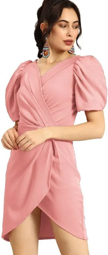 Peach V-Neck Half Sleeve Bodycon Dress