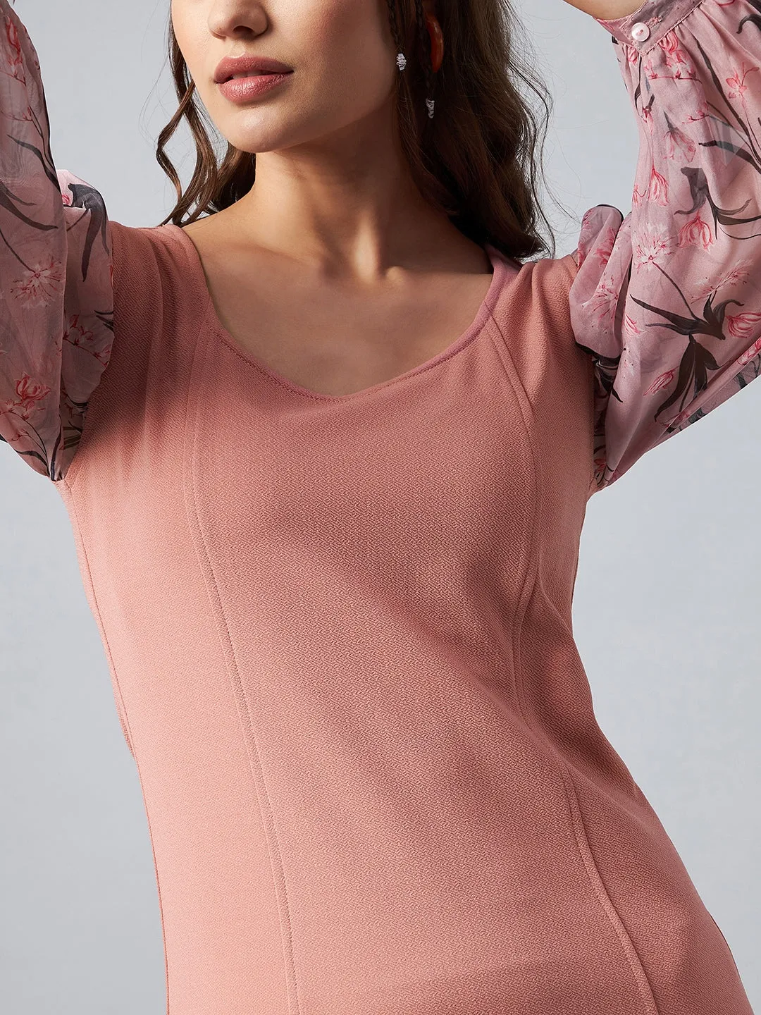 Pink Polyester Lycra & Organza Digitally Print Body Con Dress