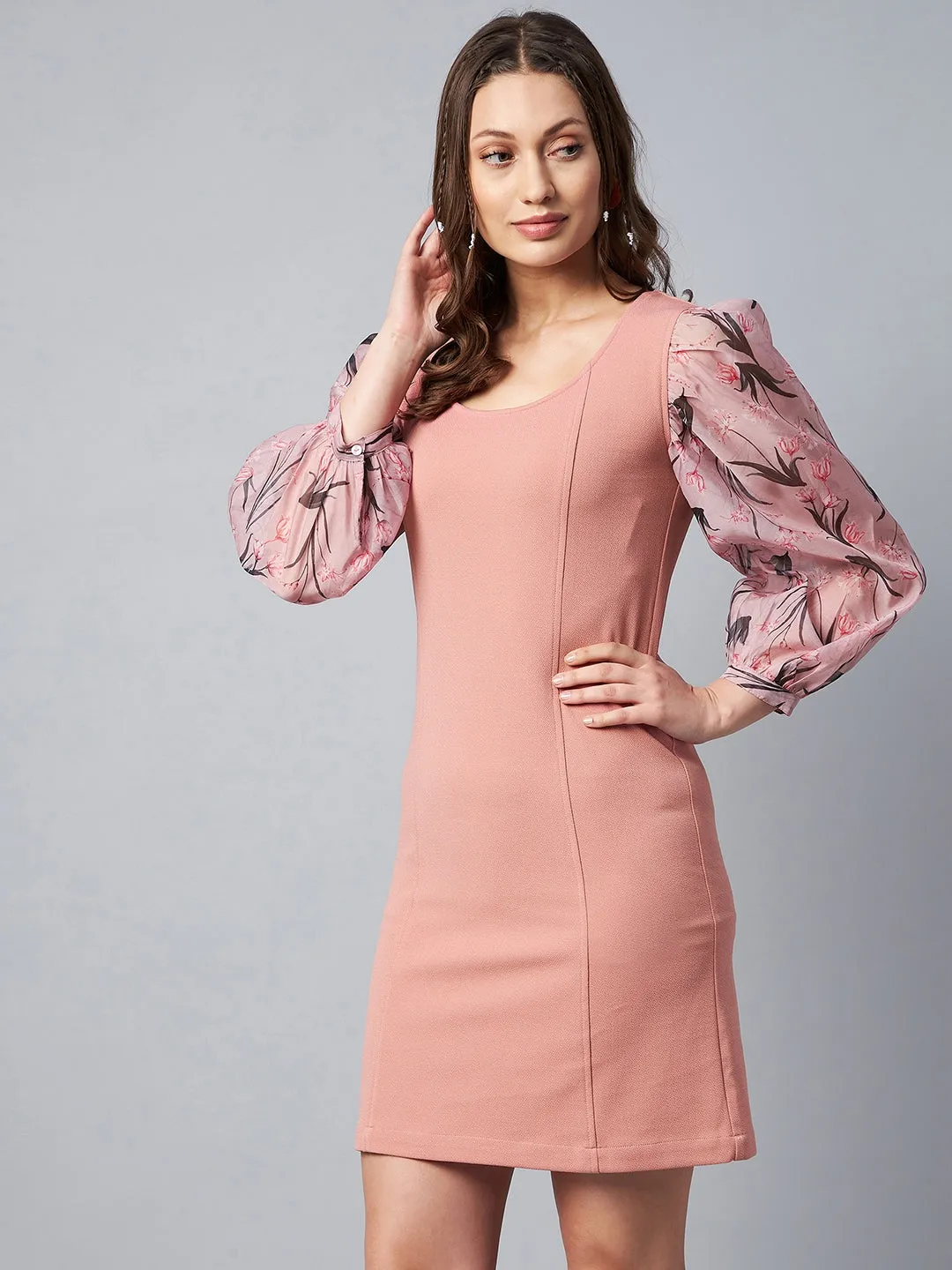 Pink Polyester Lycra & Organza Digitally Print Body Con Dress