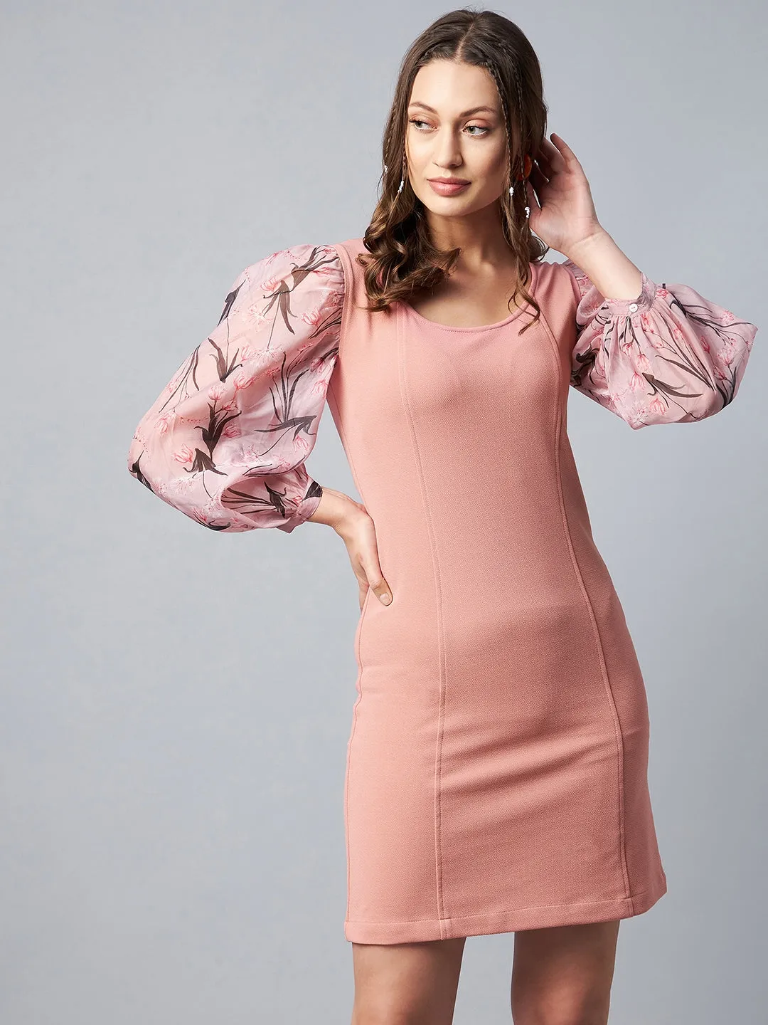 Pink Polyester Lycra & Organza Digitally Print Body Con Dress